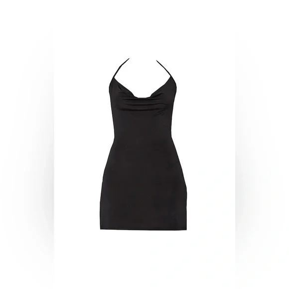 PRETTYLITTLETHING Black Slinky Halter-neck Cowl Neck Bodycon Mini Dress size 8 - Picture 6 of 16